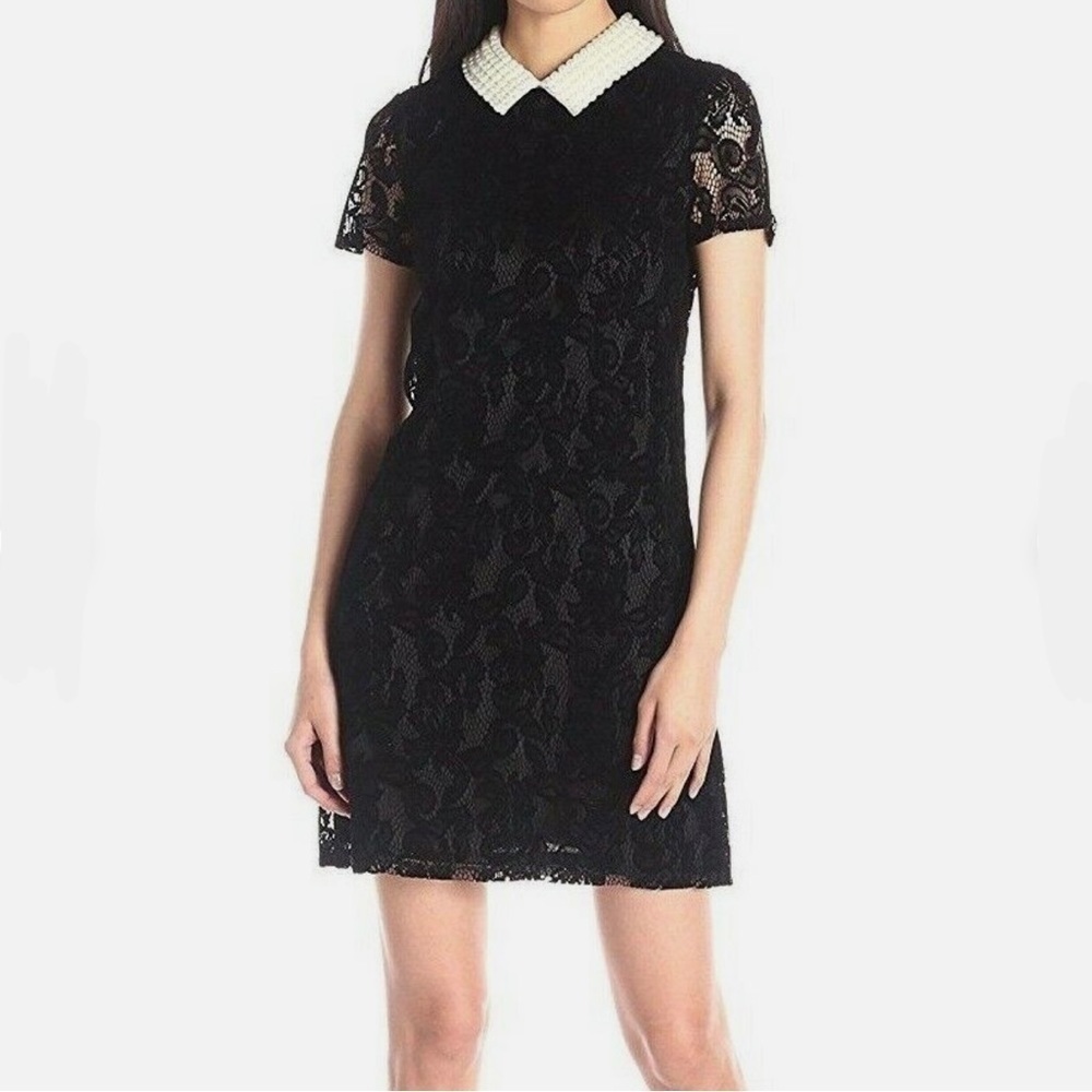 Betsey Johnson Little Black Dress Size 6 Flocked Lace Faux Pearl Collar lbd NWT